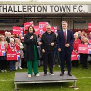 Labour Party leader Sir Keir Starmer and shadow chancellor Rachel Reeves, celebrate with David Skaith at Northallerton Town Football Club