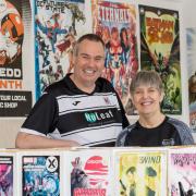 Stephen and June Lock in The Darl Knight comic shop in Darlington