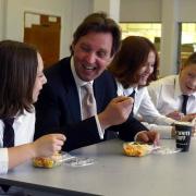 Branksome School, Darlington's new milk bar was opened by Alan Milburn MP. With pupils Ashleigh Trevarrow (13), Carole Wilkinson (16) and Ben Hope (13)