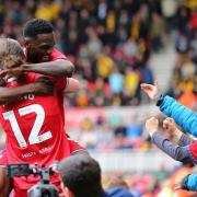 Emmanuel Latte Lath and Luke Ayling celebrate for Middlesbrough against Watford