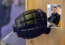The First World War hand grenade unearthed in his back garden nearly 50 years ago by Knile Albertson-Prescott, inset. It is on display in Catterick Library