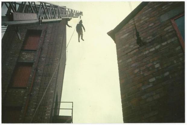 The Northern Echo: An unsettling picture of a fireman practising in the tower behind the Borough Road station