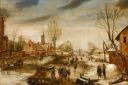 Attributed to Frans de Momper ‘Winter Village Scene with Figures Skating on a Frozen River’