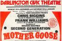 Poster from Darlington Civic Theatre's 1976 pantomime Mother Goose in which Christopher Biggins made his debut as a panto dame
