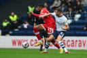 Chuba Akpom is tackled during Middlesbrough's 2-1 defeat at Preston