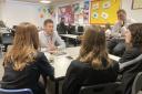 Chris Brown, from Darlington Building Society, being interviewed by budding journalists from Hummersknott Academy