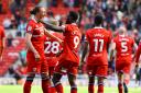 Emmanuel Latte Lath celebrates with his Middlesbrough teammates against Swansea