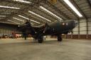 The unique restored Halifax bomber at the Yorkshire Air Museum with the starboard side painted in French markings with the distinctive 