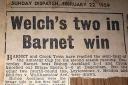 Newspaper headline describing Barnet's 2-1 win over Bishop Auckland in the FA Amater cup quarter-final at the Underhill Ground, Barnet on Saturday February 21st 1959.
