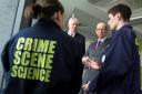 The Duke of Kent, centre right, and vice-chancellor Graham Henderson meet crime scene students Claire Jackson and Neil Gunstone