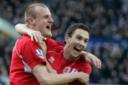 HAPPIER TIMES: David Wheater celebrates with Stewart Downing after the Everton V Middlesbrough at Goodison Park, Liverpool, in March
