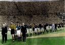Presidents Mr Waine of Bishop Auckland, and Mr Parkin of Crook Town, lead the teams out for the FA Amateur Cup final at Wembley Stadium on Saturday, April 10, 1954