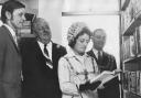 The opening of Cockerton library on September 2, 1970, with mayoress Doreen Jackson drawing the first book of the shelves while her husband Eric, the mayor, looks on behind her. On the far left is David Dougan of the Northern Arts Association, who