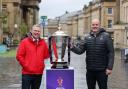 Council leader Nick Forbes and Mick Hogan with the Rugby League World Cup in Newcastle City Centre