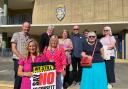 Christine Thomas, chair of the Say No To Consett Incinerator Community Campaign Group, front, with objectors to the proposed energy from waste facility at Consett, outside Durham County Hall. Picture: Gareth Lightfoot.