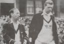 Australian captain Lindsay Hassett on the left and Bill Proud from Bishop Auckland CC on the right go to toss the coin before the start of the Durham County CC v Australia game which started on August 11 1948 at Ashbrooke cricket ground in Sunderland.