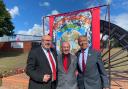 Grahame Morris MP for Easington, Stephen Maitland, former miner, and Alan Mardghum Secretary of Durham Miners Association with Shotton Colliery Miners Banner
