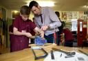 Foundation for Jobs feature on Hurworth School engineering teacher Jamie Smith during one of his classes.  Making garden tools with Jack Hobbs (13). Picture: CHRIS BOOTH (29388598)