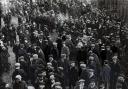 DRAMATIC SCENE: February 1909 and crowds wait at the West Stanley pit head after the explosion