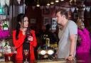 Whitney Carter tries one of Woody Woodward's cocktails in EastEnders