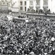 Bishop Auckland FC - Crowds gather in the market place to welcome back the team