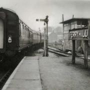 The nameboard on the Ferryhill Station island station: the station was in the middle of the East Coast Main Line