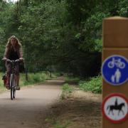 Completed surface, cycling towards Richmond Park, Shared use & no horse riding sign.