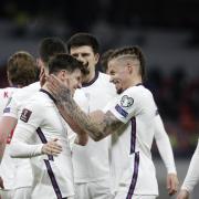 Mason Mount celebrates with team-mate Kalvin Phillips after scoring England's second goal in their 2-0 win in Albania