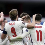 Harry Kane celebrates with his team-mates after scoring England's opening goal in Albania Pictures: FLORIAN ABAZAJ/PA