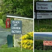 Signs opposing plans for a free range egg farm at Thornton le Beans