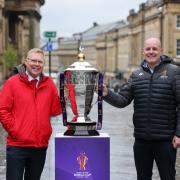 Council leader Nick Forbes and Mick Hogan with the Rugby League World Cup in Newcastle City Centre