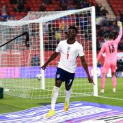 Bukayo Saka celebrates after scoring the only goal of the game in England's win over Austria