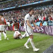 Harry Maguire celebrates England's second goal in their 2-0 win over Germany.