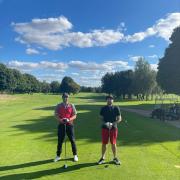 British Touring Car drive Tom Oliphant tees off with competition winner Sam Parker at Blackwell Grange Golf Club - the BTCC is at Croft this weekend