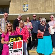 Christine Thomas, chair of the Say No To Consett Incinerator Community Campaign Group, front, with objectors to the proposed energy from waste facility at Consett, outside Durham County Hall. Picture: Gareth Lightfoot.