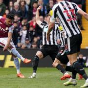 Ollie Watkins fires in a shot during Aston Villa's 3-0 win over Newcastle United