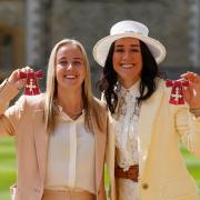 Beth Mead, left, and Lucy Bronze after being made Members of the Order of the British Empire (MBE) by the Prince of Wales during an investiture ceremony at Windsor Castle