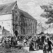 A contemporary engraving of the panic outside the Victoria Hall Theatre, Sunderland