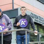 National water polo star Ben Alderson and dedicated cricket coach and volunteer Tom I’Anson celebrate A Level success at QE in Darlington.