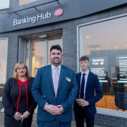 New Banking Hub in Newton Aycliffe opens pictured Vicki Hunt from Santander, Richard Fleetwood Bank Hub Operator and Bailey Minnikin Counter Clerk Credit: SARAH CALDECOTT