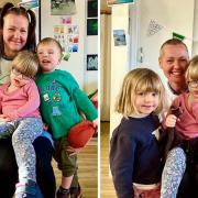 Before and after: Kate Thompson, who had all her hair shaved off for Macmillan Cancer Support, with some of the children at Baldersby Park