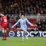 Tatsuhiro Sakamoto celebrates after scoring Coventry's third goal against Middlesbrough
