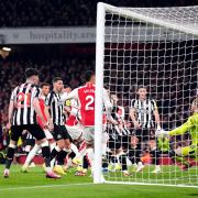 Jakub Kiwior heads home Arsenal's fourth goal in their 4-1 win over Newcastle