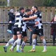 Darlington's players celebrate after the opening goal in their 3-1 win over Banbury