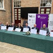 North East council leaders and Levelling Up minister Jacob Young signing the region\'s trailblazer