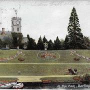 A 1905 postcard showing one of the sequoias on the terrace top next to the Park Lodge, which had the Potts Memorial Clock placed at the top of it in 1901