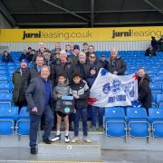 Jeff Stelling greets some of the hardy band of fellow Hartlepool supporters who travelled for the club's Prostate Cancer UK/Non-League Day fixture against Eastleigh today (Saturday March 23)