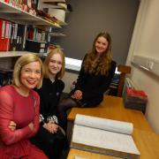 Lucy Worsley with students Bea and Imogen.
