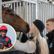 Amy and Robbie Lee get a kiss from We've Got This, who will be racing to raise funds for their injured father Graham, inset