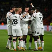 Middlesbrough's players celebrate Emmanuel Latte Lath's goal at Hull
